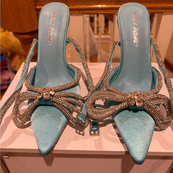 Public Desire blue Satin Rhinestone Heels (ankle wrap around) (comes with box) - Picture 2 of 3